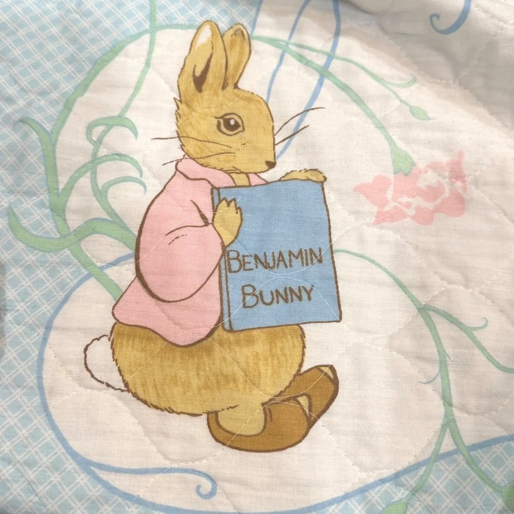 Vintage Beatrix Potter Peter Rabbit Quilted Nursery Blanket Blue Gingham 34x44